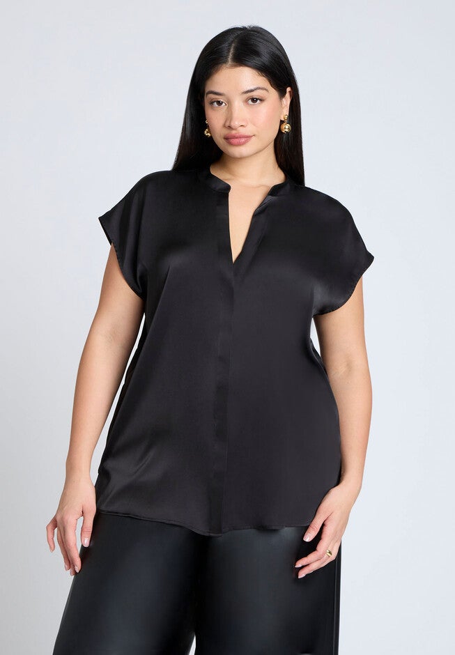 Satin Notch Collar Blouse, BLACK, hi-res image number null