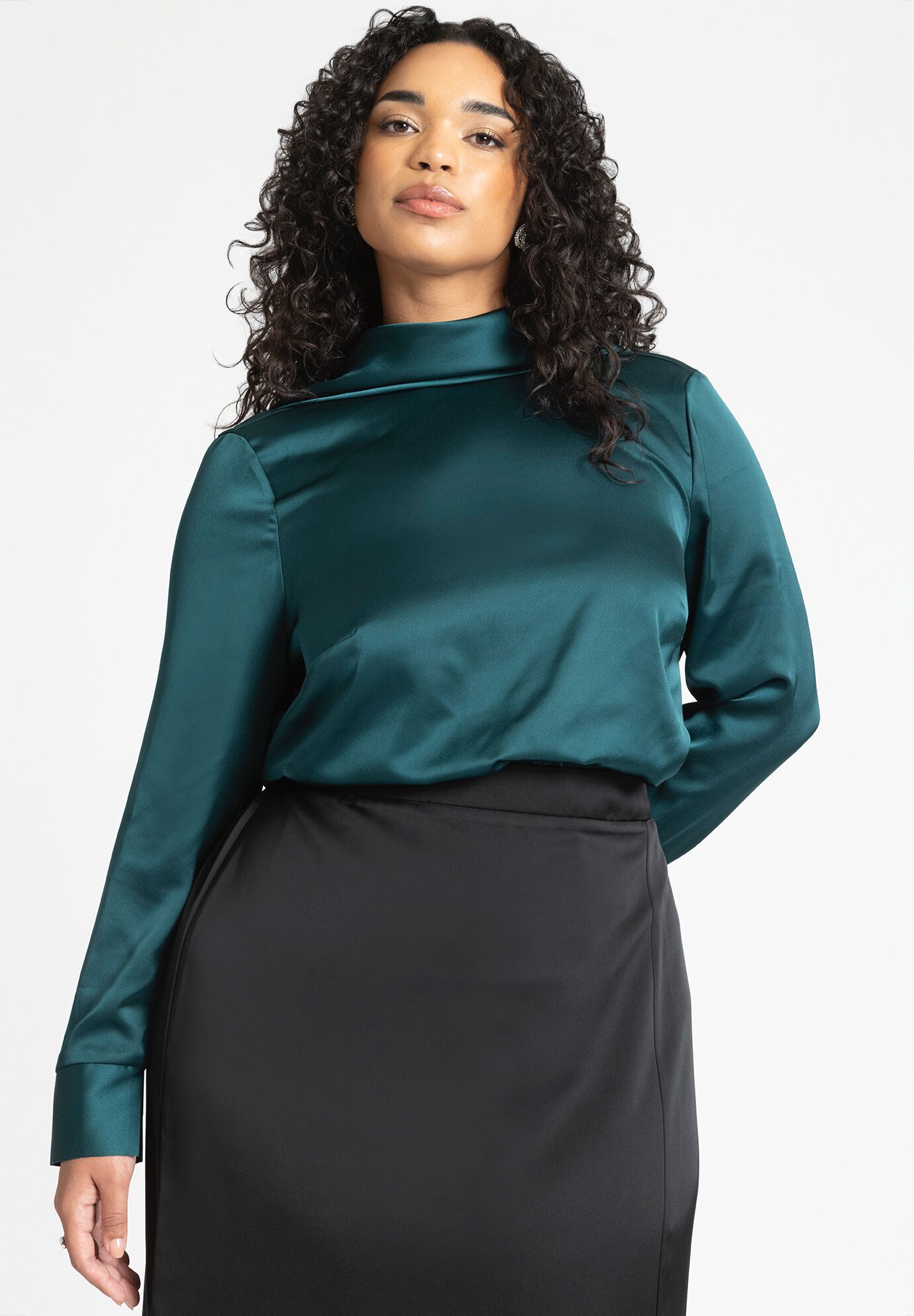 Satin turtleneck clearance blouse