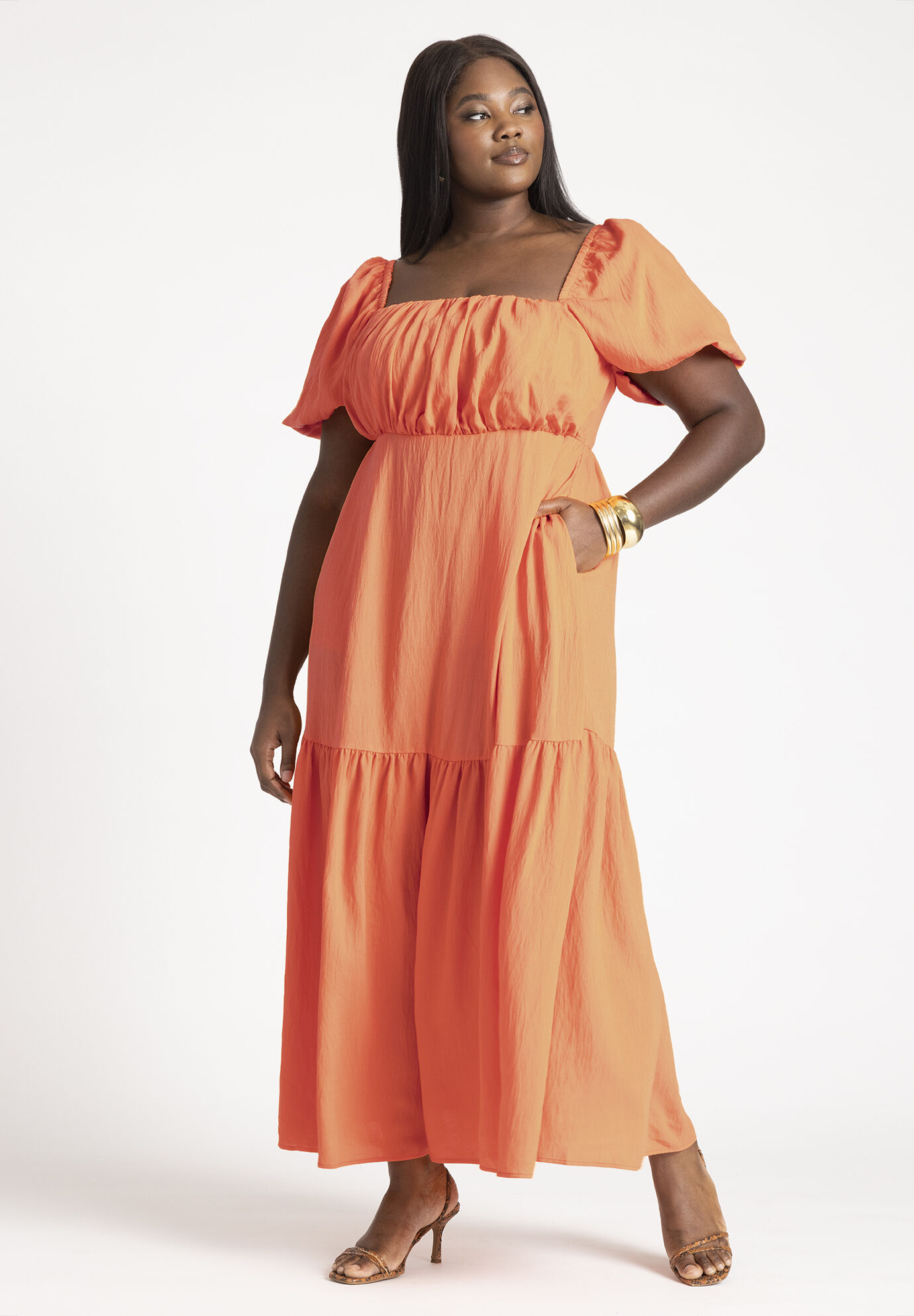 Plus Size Smocked Pocketed Tiered Puff Sleeves Sleeves Maxi Dress
