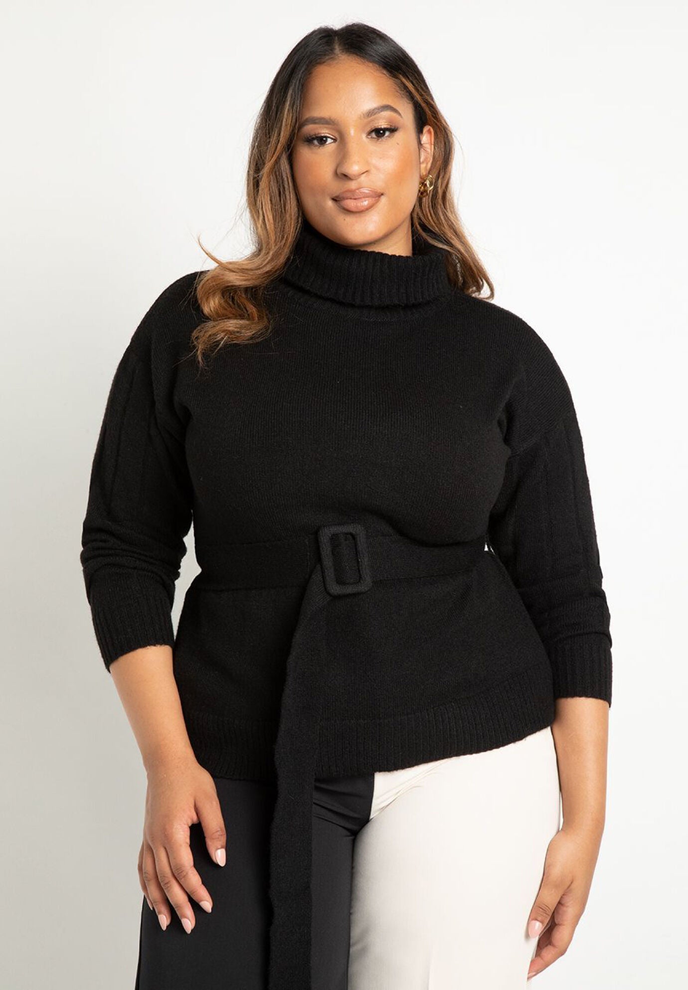 Rib Detail Belted Sweater Snug Fit Turtleneck Totally Black Eloquii