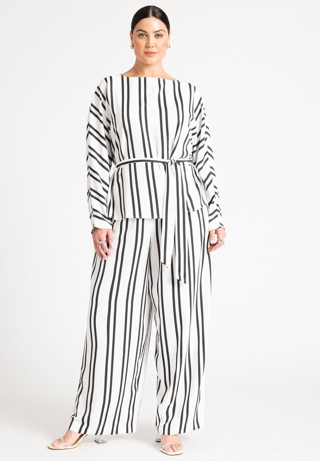 Waist Tie Striped Top, CHARCOAL PINSTRIPE, alternate image number null