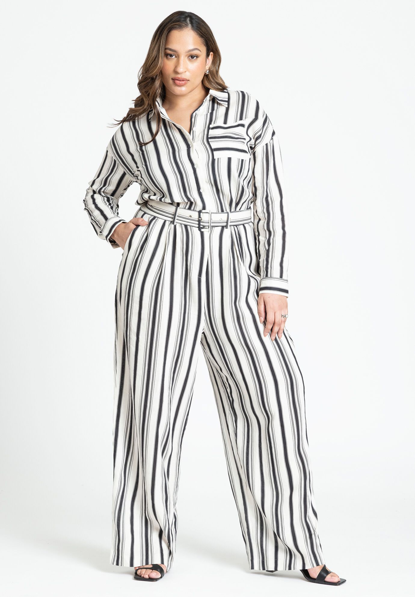 Plus Size Collared Floor Length Belted Pleated Pocketed Striped Print Long Sleeves Dropped Shoulder Jumpsuit