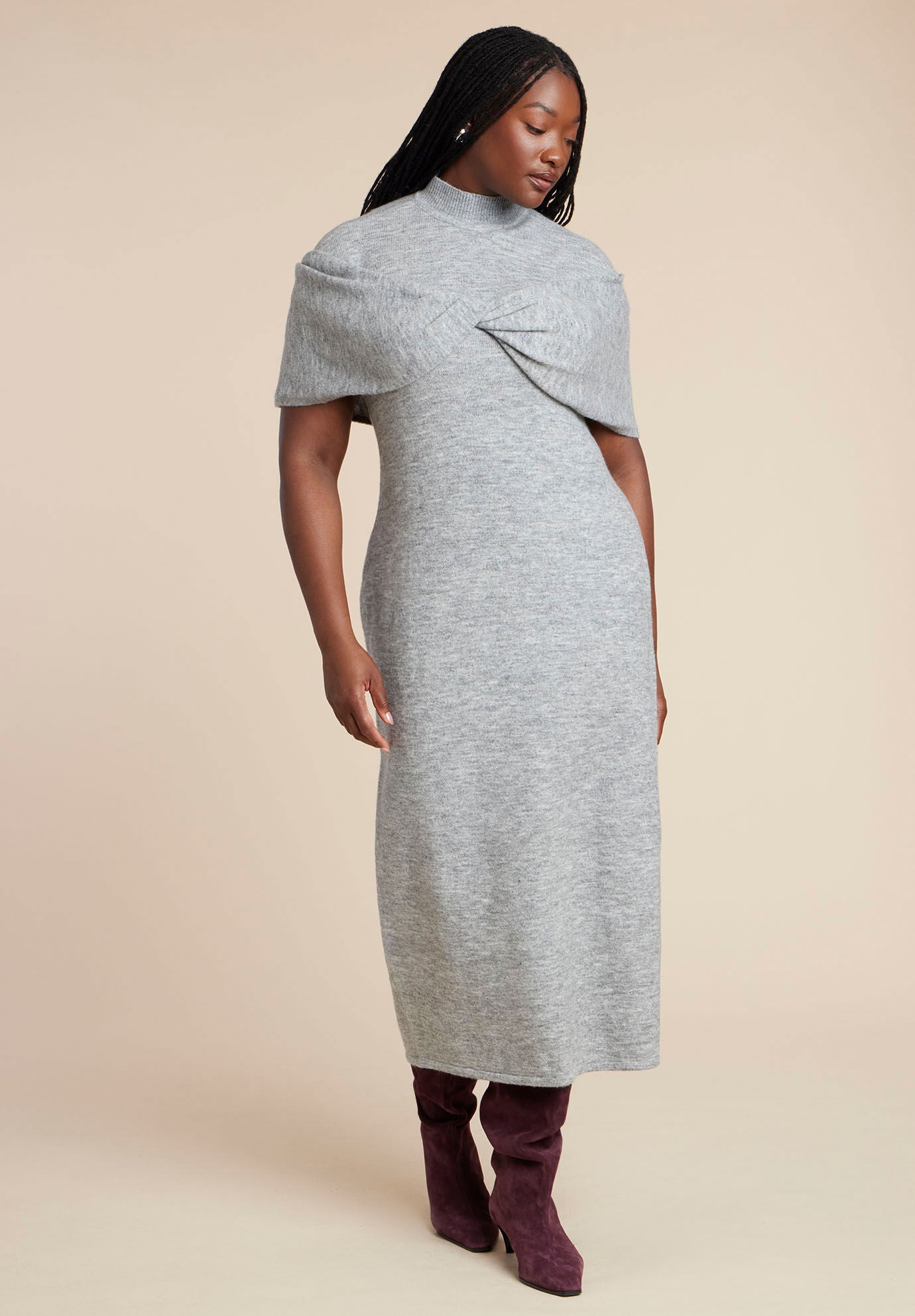 Twist Front Cape Sweater Dress, GREY, hi-res image number 0