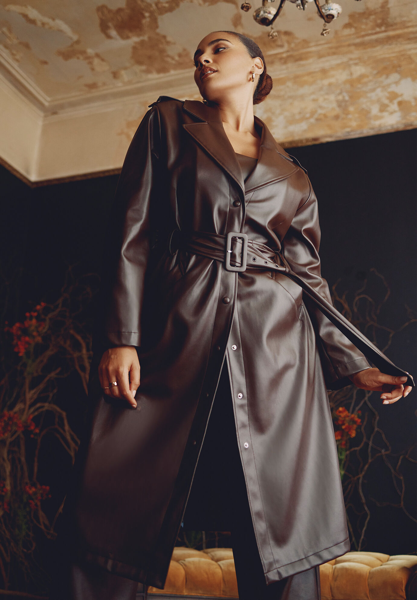 Belted Faux Leather Coat