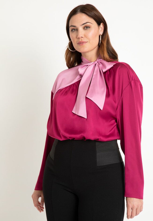 Colorblocked Tie Neck Blouse, GRAPE AND LAVENDER, hi-res image number null