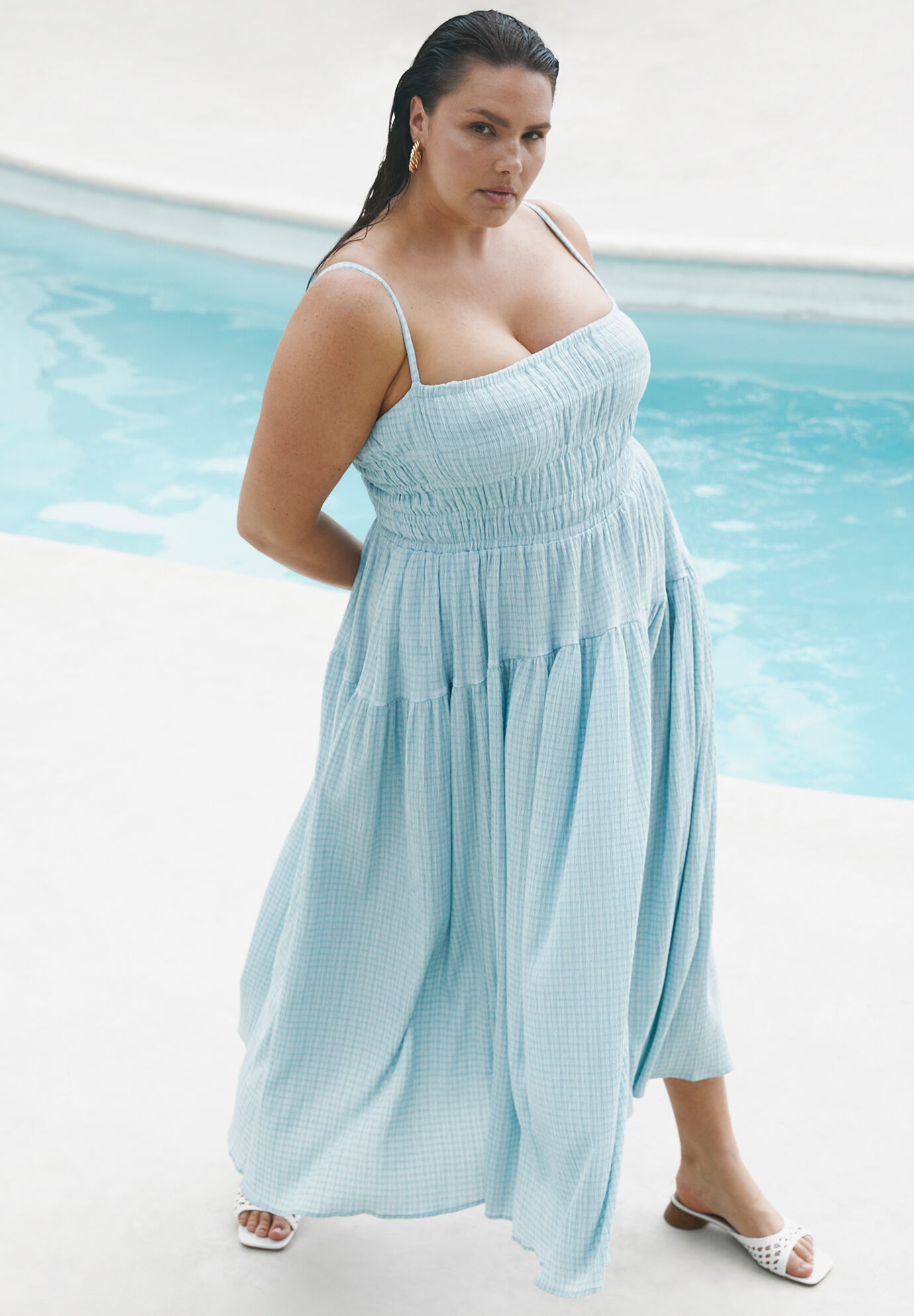 Plus Size Pocketed Tiered Striped Print Smocked Maxi Dress