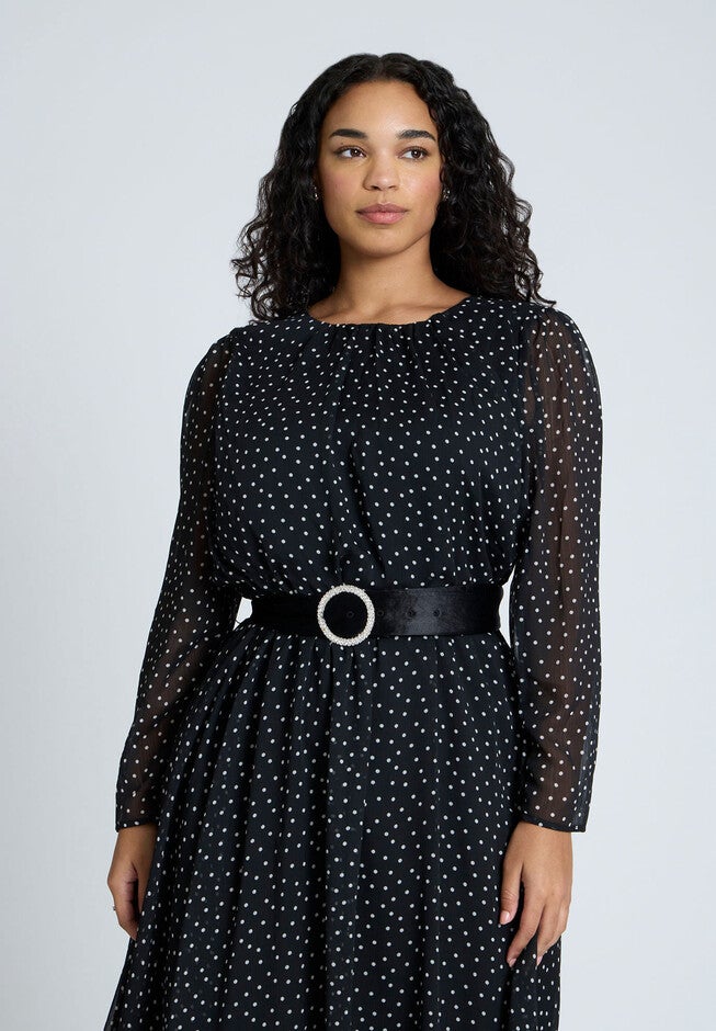 Circle Belt Printed Flare Dress, SCATTERED DOT, alternate image number null