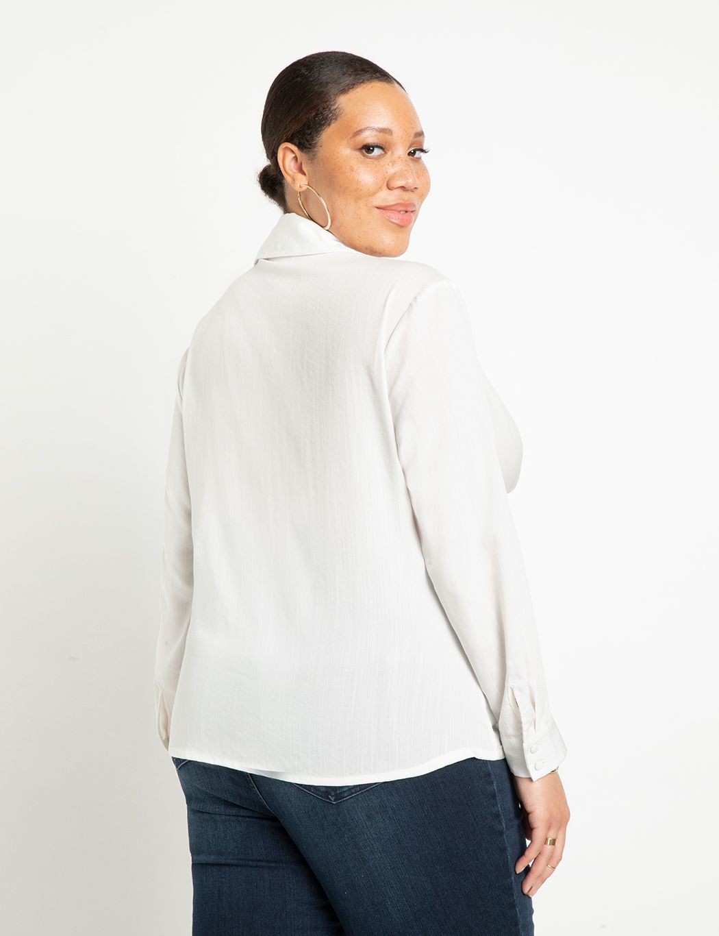 Tie Front Collared Blouse - Easy Fit Button V-neck, Soft White | Eloquii