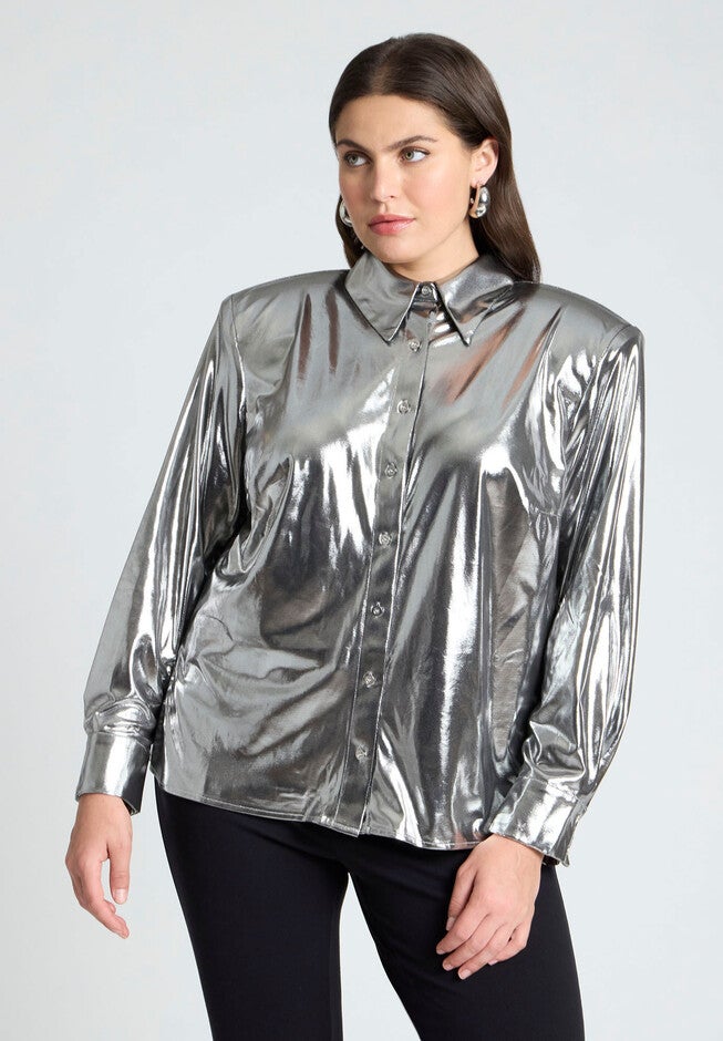 Metallic Button Up Top With Shoulder Pad, SILVER, hi-res image number null
