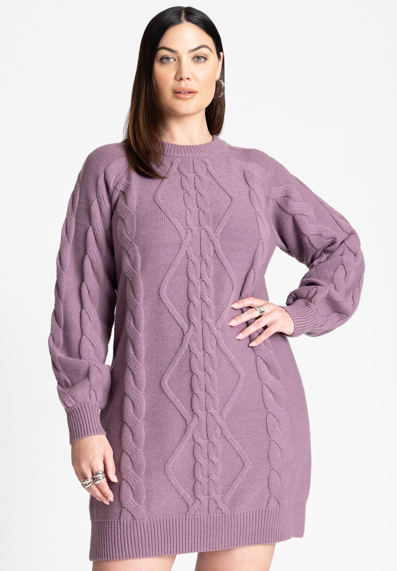 Mini Cable Sweater Dress Easy Fit Puff Sleeve Soft Purple Eloquii