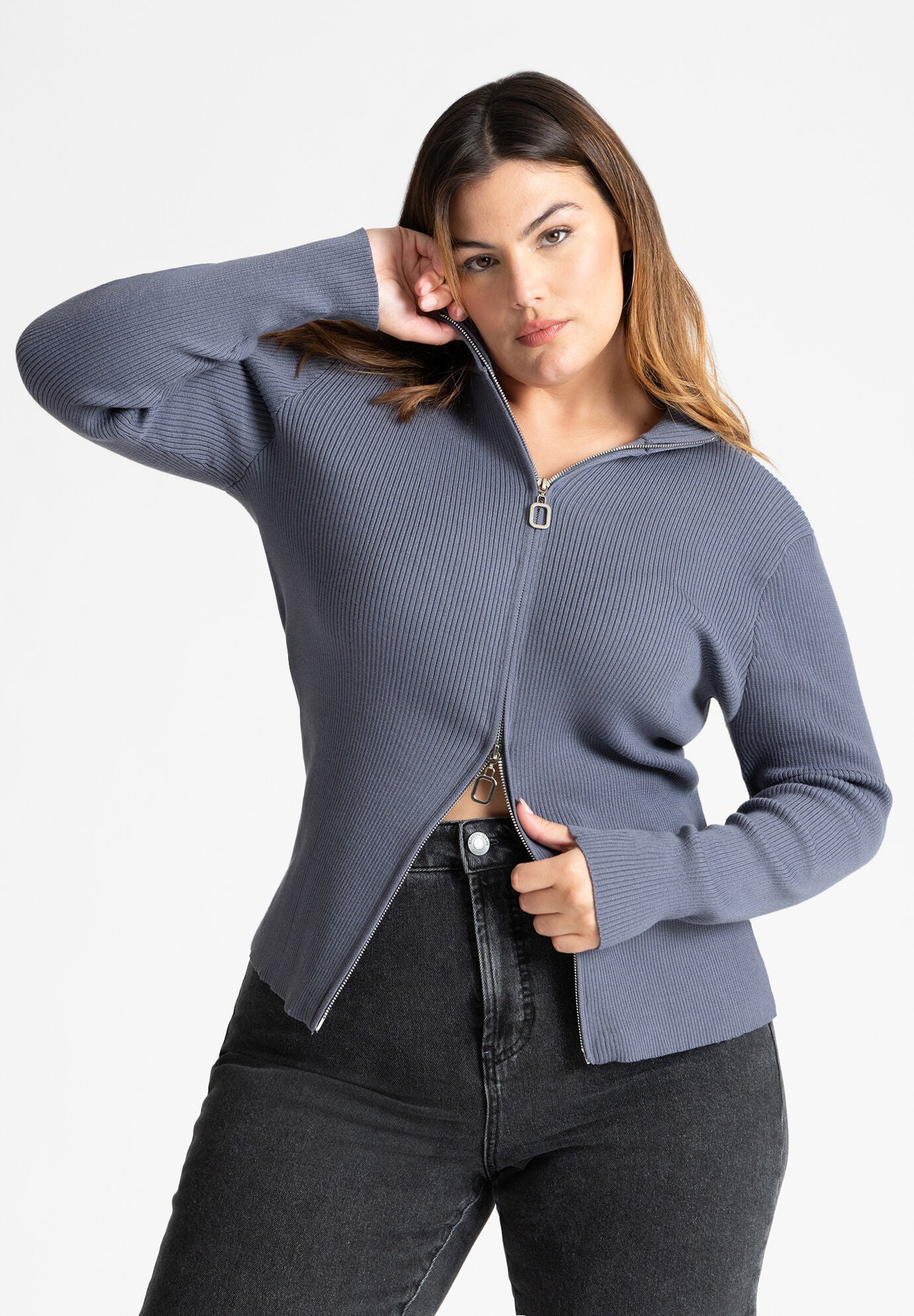 Two Way Zipper Sweater with Front Zipper Detail Grey