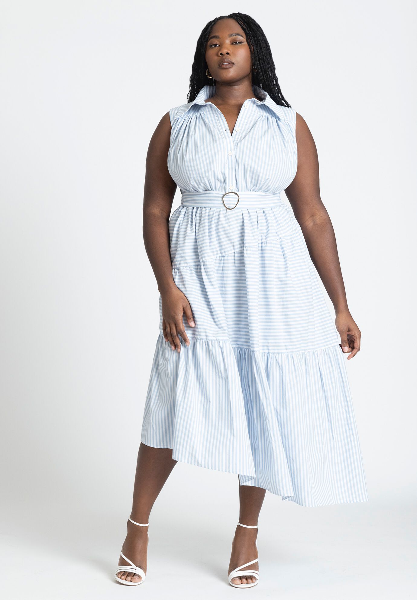 Plus Size Striped Print Tiered Pocketed Sleeveless Shirt Dress