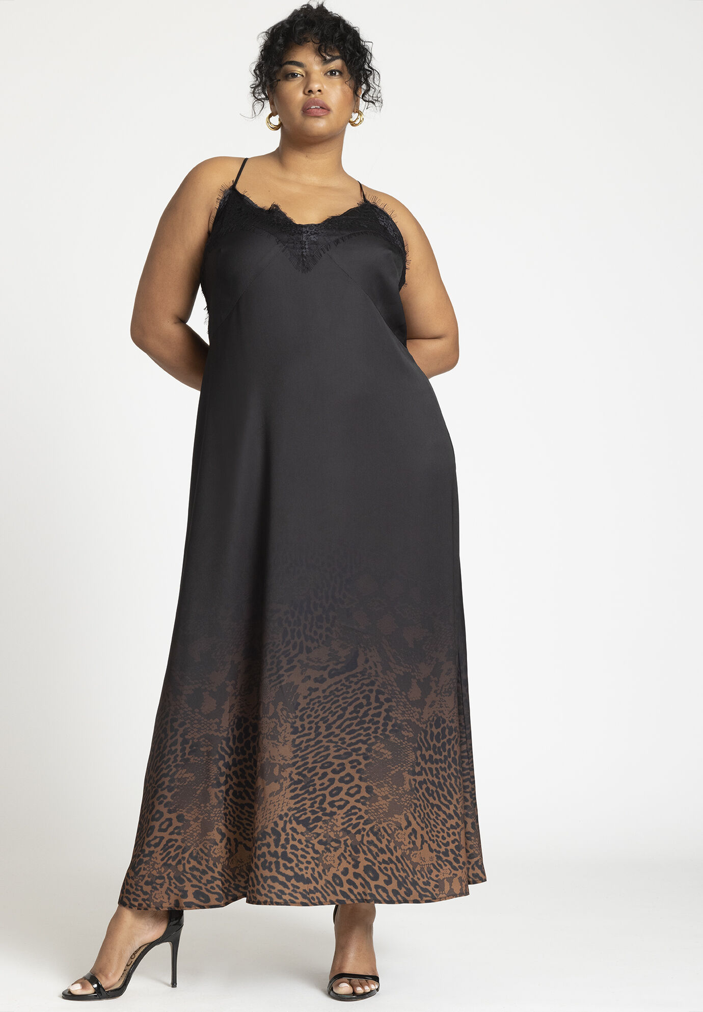 Plus Size V-neck Animal Leopard Print Lace Trim Spaghetti Strap Slip Dress/Maxi Dress
