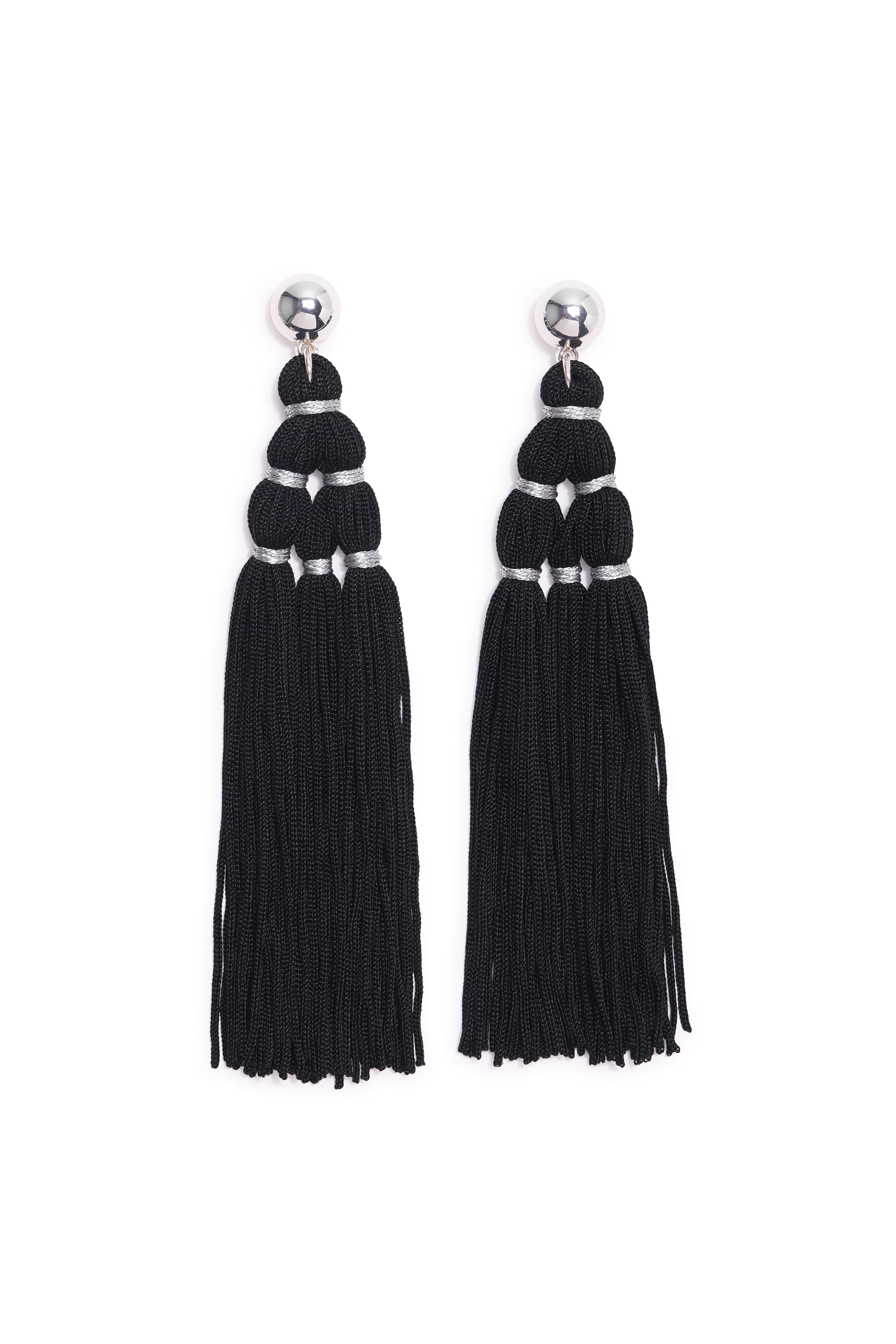 Detailed Tassel Earrings, BLACK + SILVER, hi-res image number 0