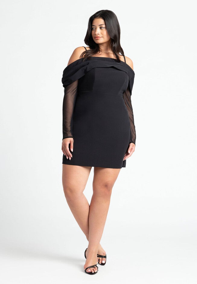 Pleated Off The Shoulder Mini Dress, BLACK ONYX, on-hover image number null