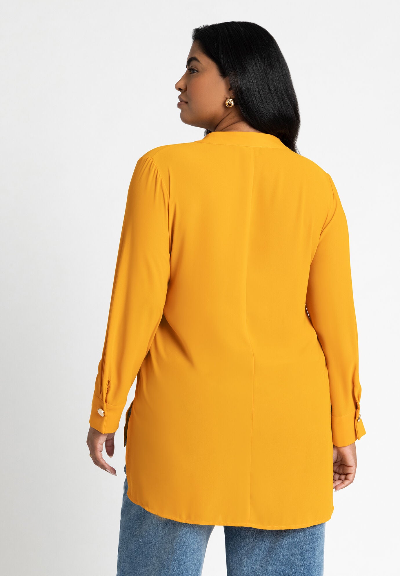Chic V-Neck Denim Tunic with Apple Round Hem & Mandarin Collar main image 1