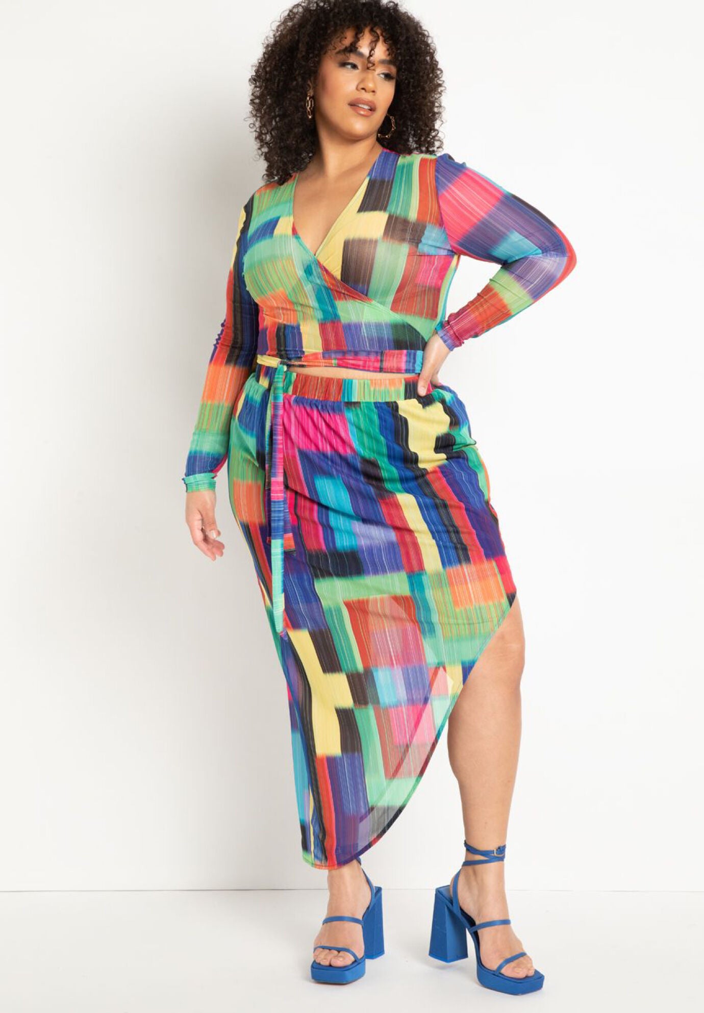 Asymmetrical Curved Midi Skirt for Women Psychedeli Blocks Eloquii
