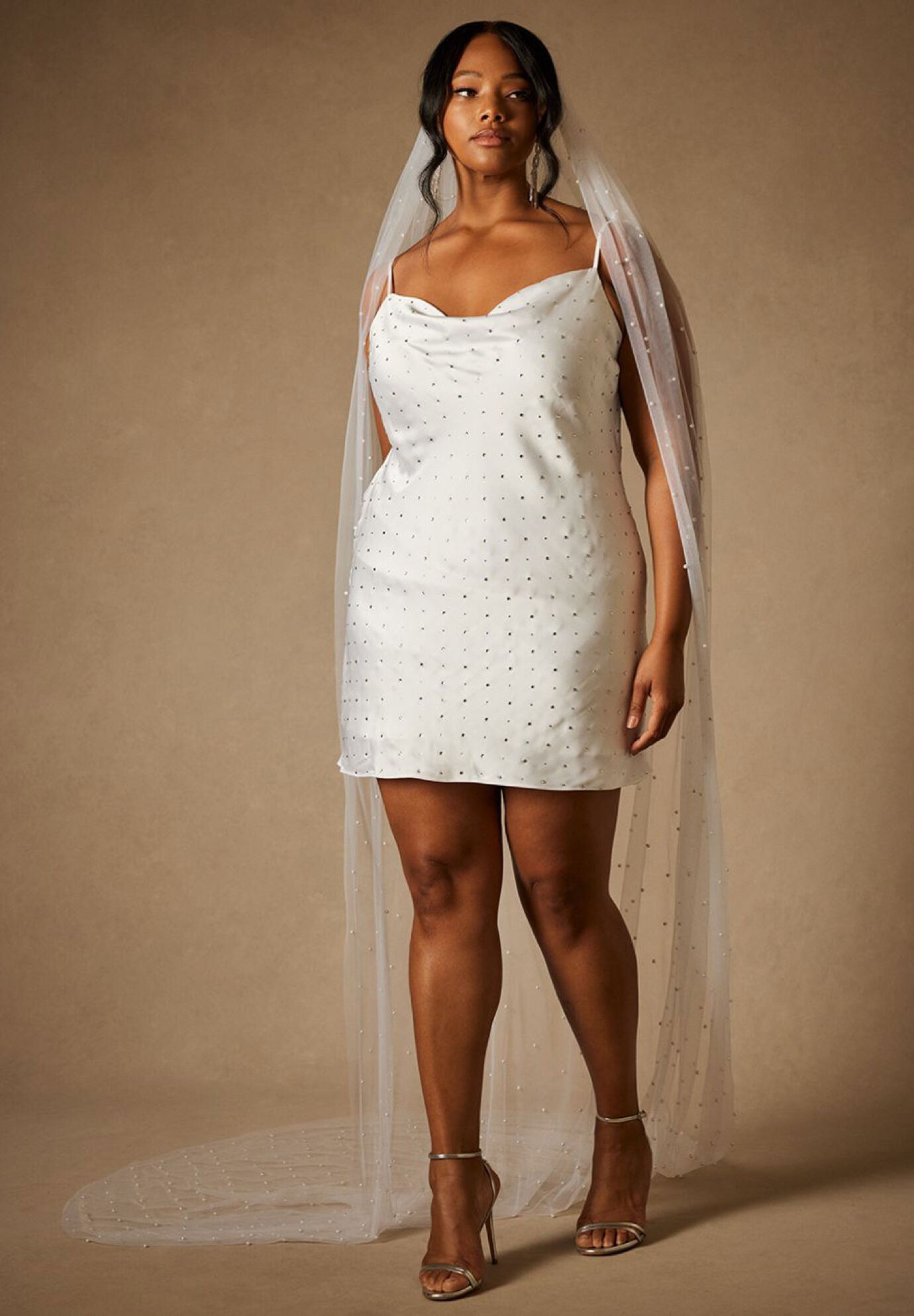 Plus Size Short Cowl Neck Fitted Wedding Dress With Rhinestones