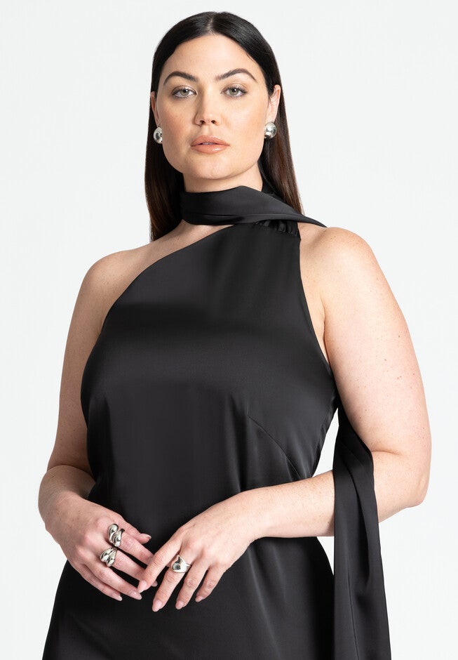 Scarf Neck Maxi Dress, BLACK ONYX, alternate image number null