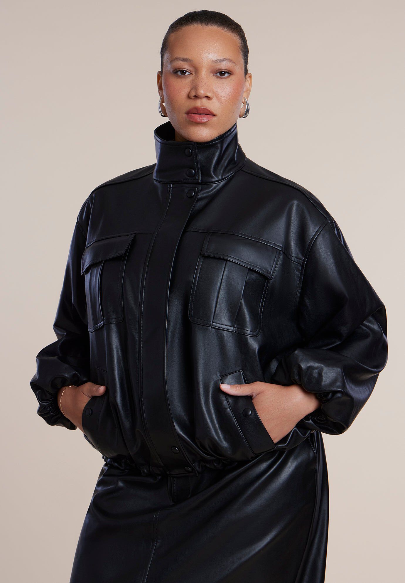 Faux Leather Funnel Neck Jacket