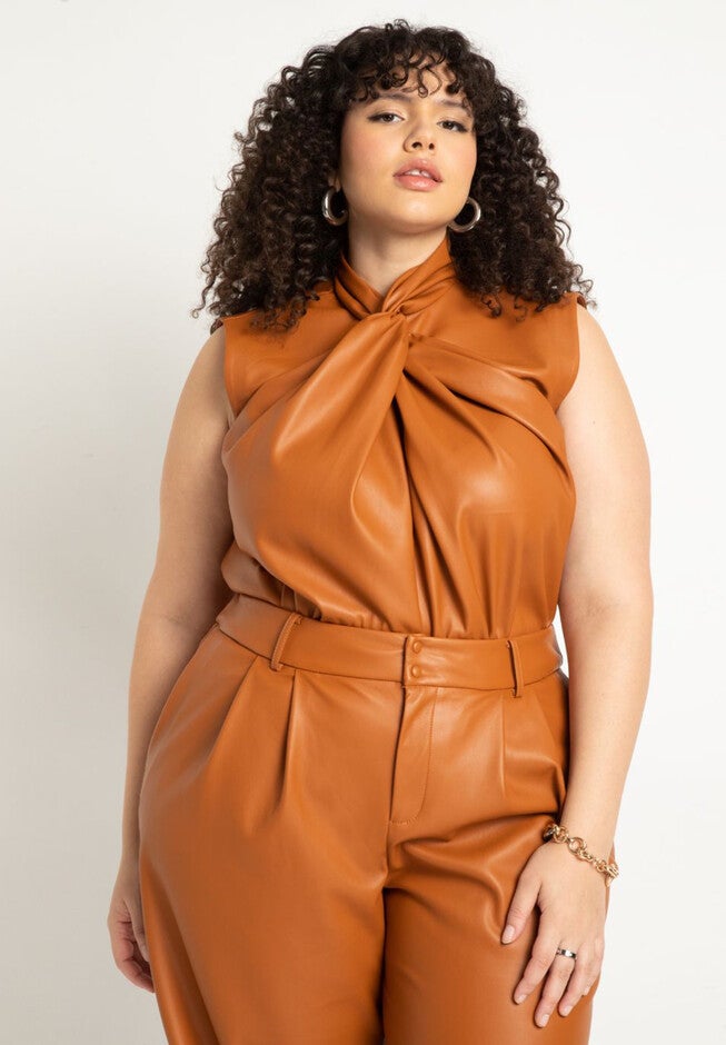 Twist Neck Faux Leather Top, GLAZED GINGER, hi-res image number null
