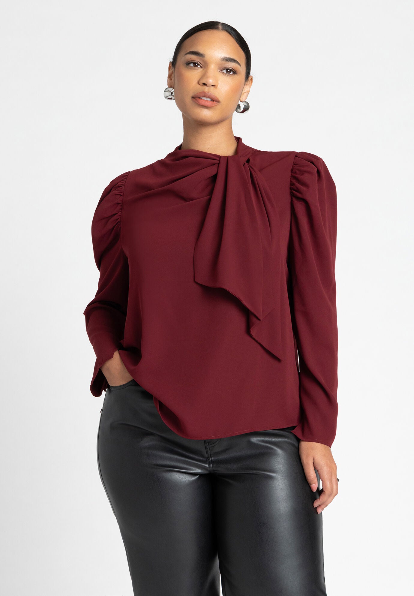トップス celon velour tie blouse Puff Sleeve Drape Front Blouse - Tie Neck