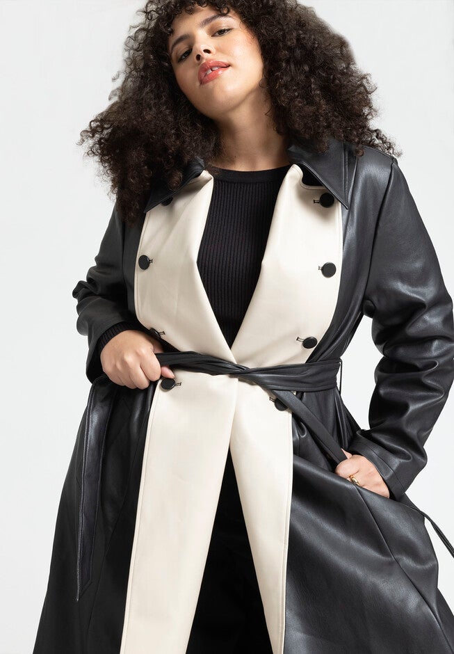 Faux Leather Contrast Panel Coat, , alternate image number null