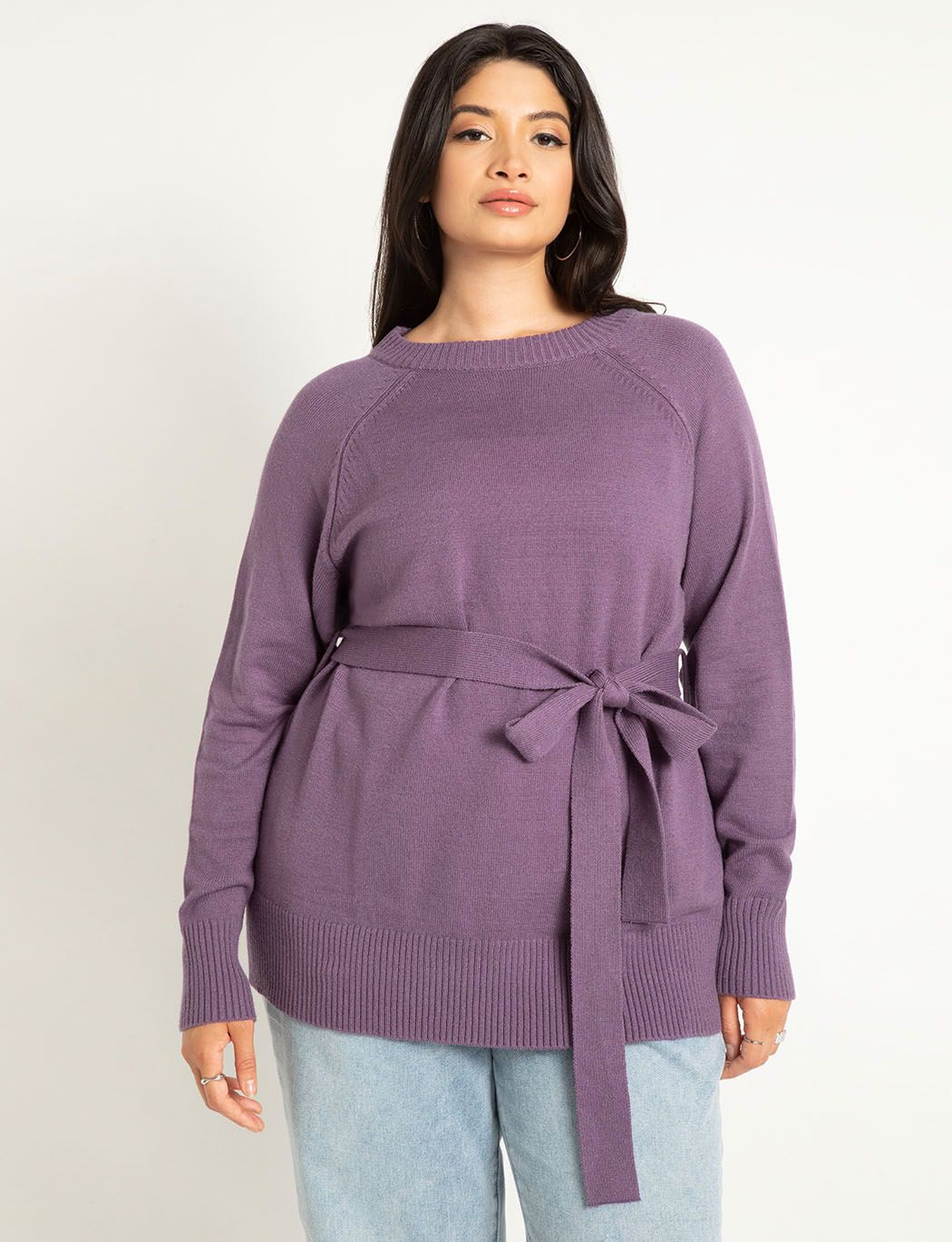 Plus Size Sweater Crew Neck Raglan Sleeves Fitted Ribbed Belted Tunic