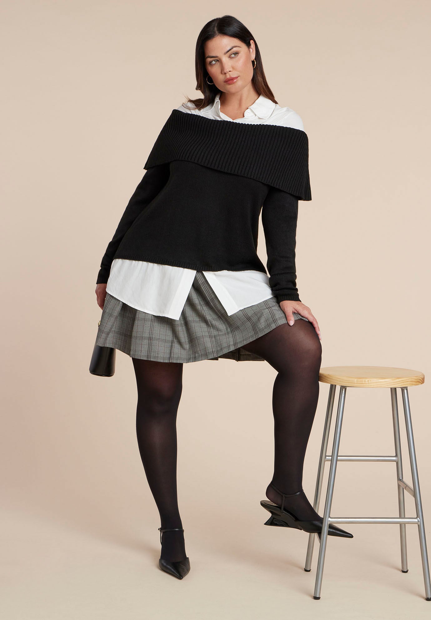 Off The Shoulder Twofer Sweater, BLACK WHITE, alternate image number 2