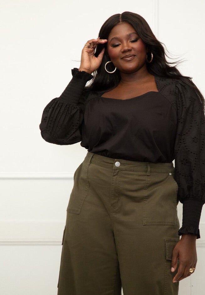 ELOQUII Elements Eyelet Puff Sleeve Top, BLACK ONYX, hi-res image number null
