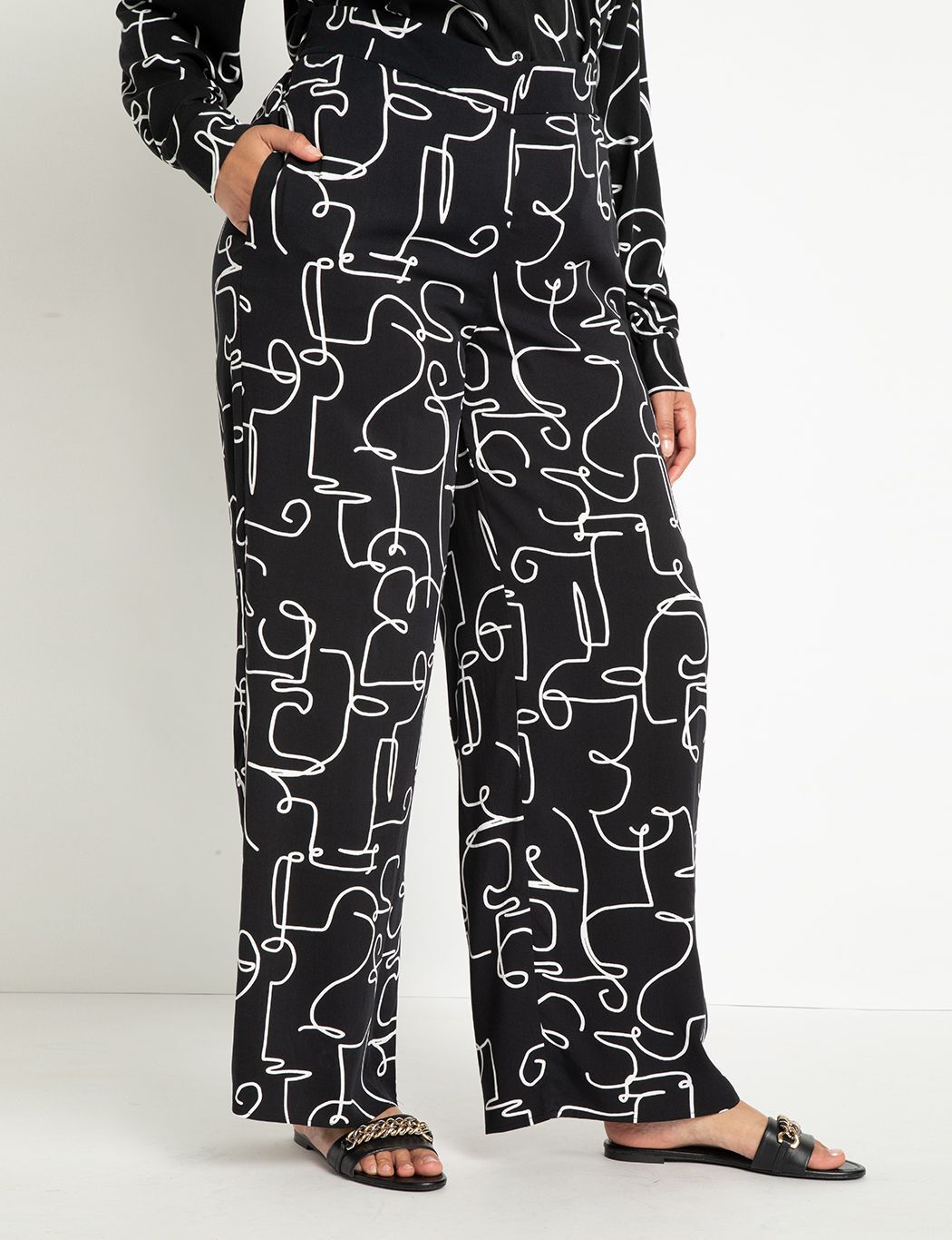 High Rise Printed Wide Leg Pant, Dandy Doodle - Black | Eloquii