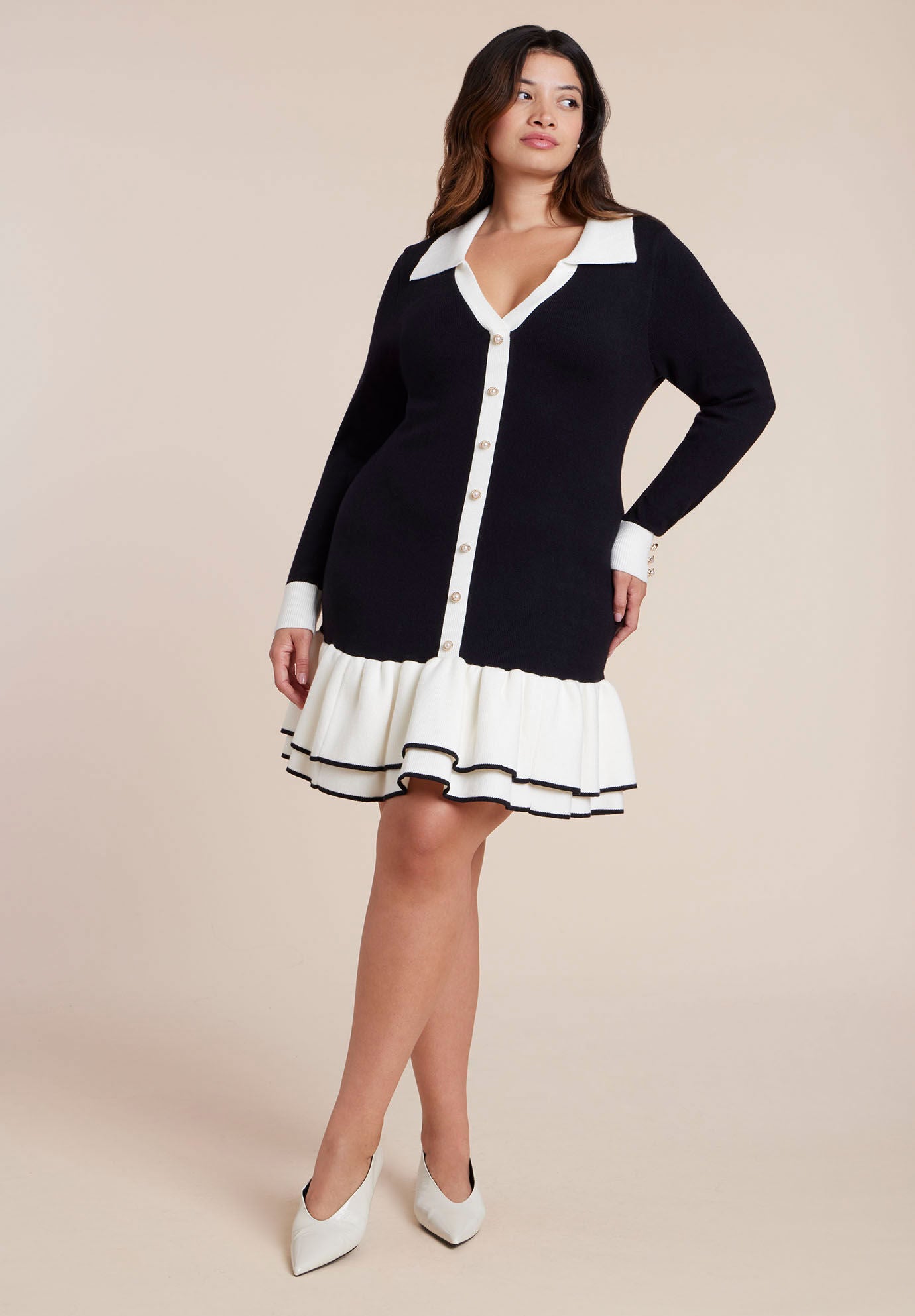  Contrast Tipping Flounce Mini Dress, BLACK ONYX, hi-res image number 0