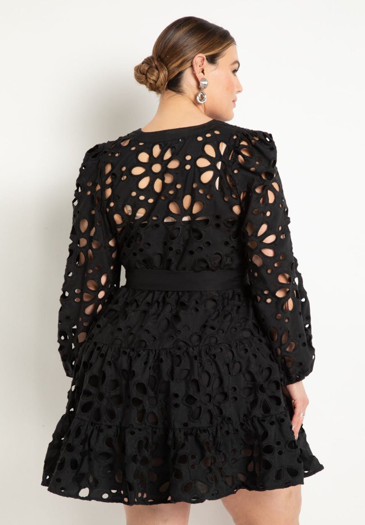 Tiered Eyelet Mini Dress with Puff Sleeves, Black Onyx | Eloquii