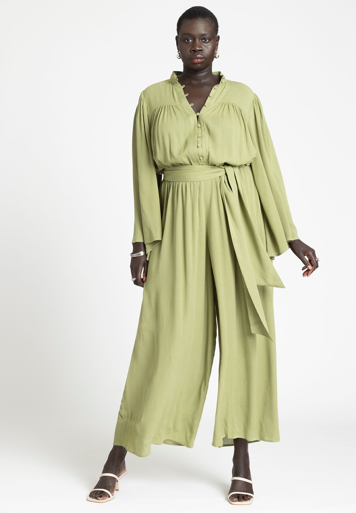 Plus Size Rayon Floor Length Belted Flowy Mock Neck Cover Up/Jumpsuit