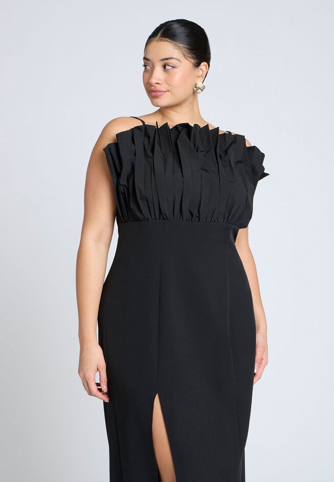 Pleated Fan Ruffle Gown, BLACK ONYX, alternate image number null