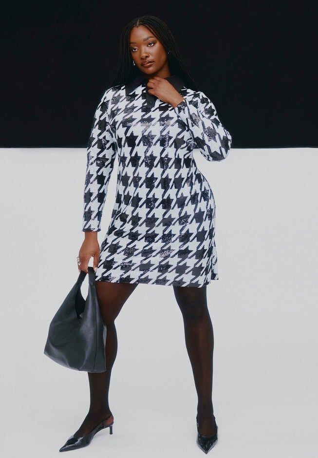 black white houndstooth dress Print Tie Neck Tiered *FINAL SALE* structured silhouette Halter Houndstooth Dress Black White