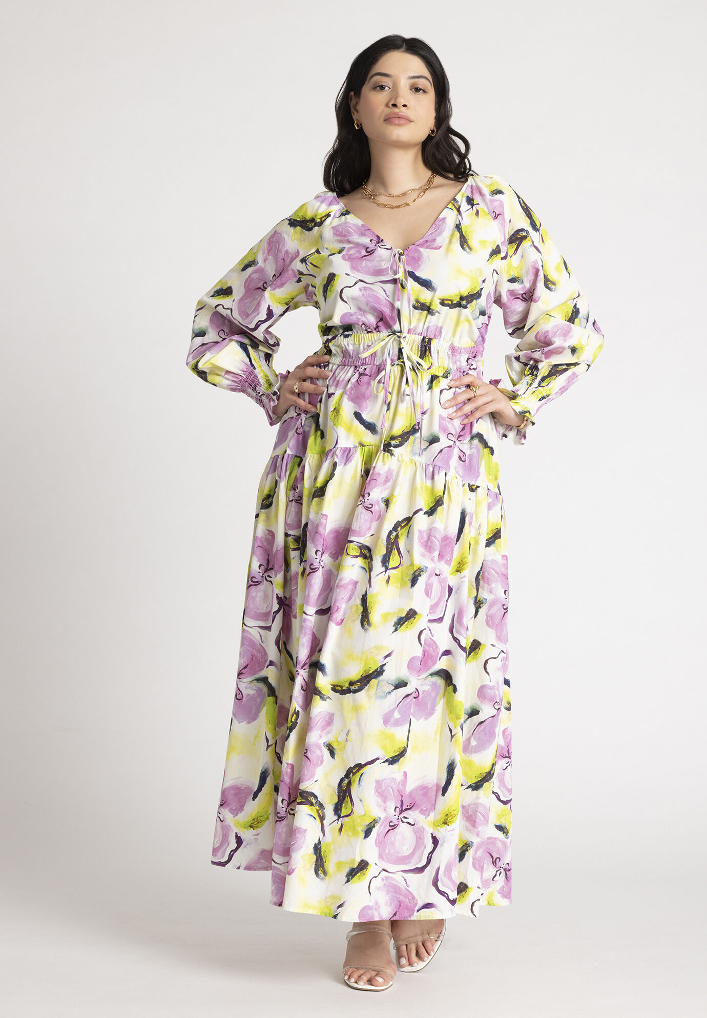 Plus Size V-neck Puff Sleeves Raglan Sleeves Floral Print Maxi Dress