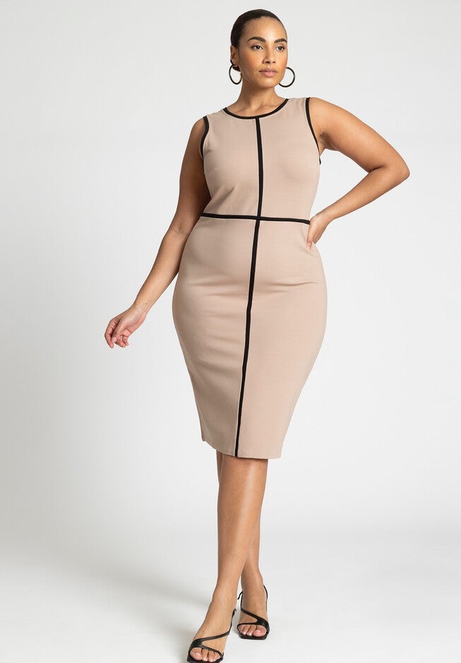 Sleeveless Piped Workwear Dress, NATURAL, hi-res image number null
