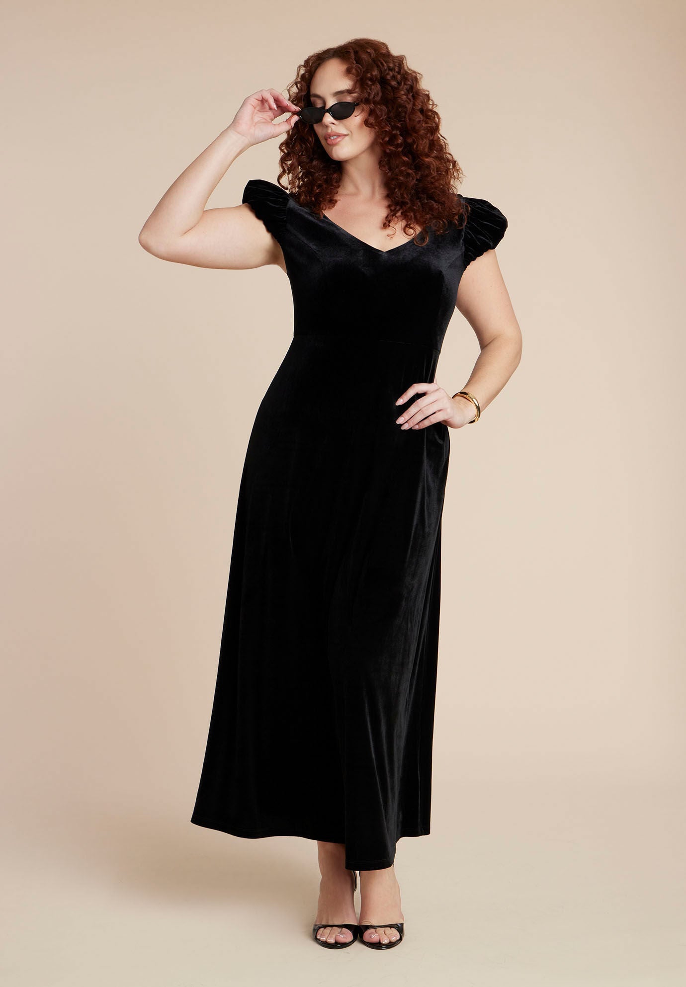  Velvet Short Puff Sleeve Maxi Dress, BLACK ONYX, hi-res image number 0