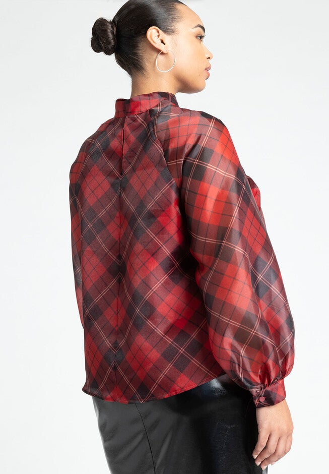 Raglan Sleeve Plaid Mock Neck Blouse, , alternate image number null
