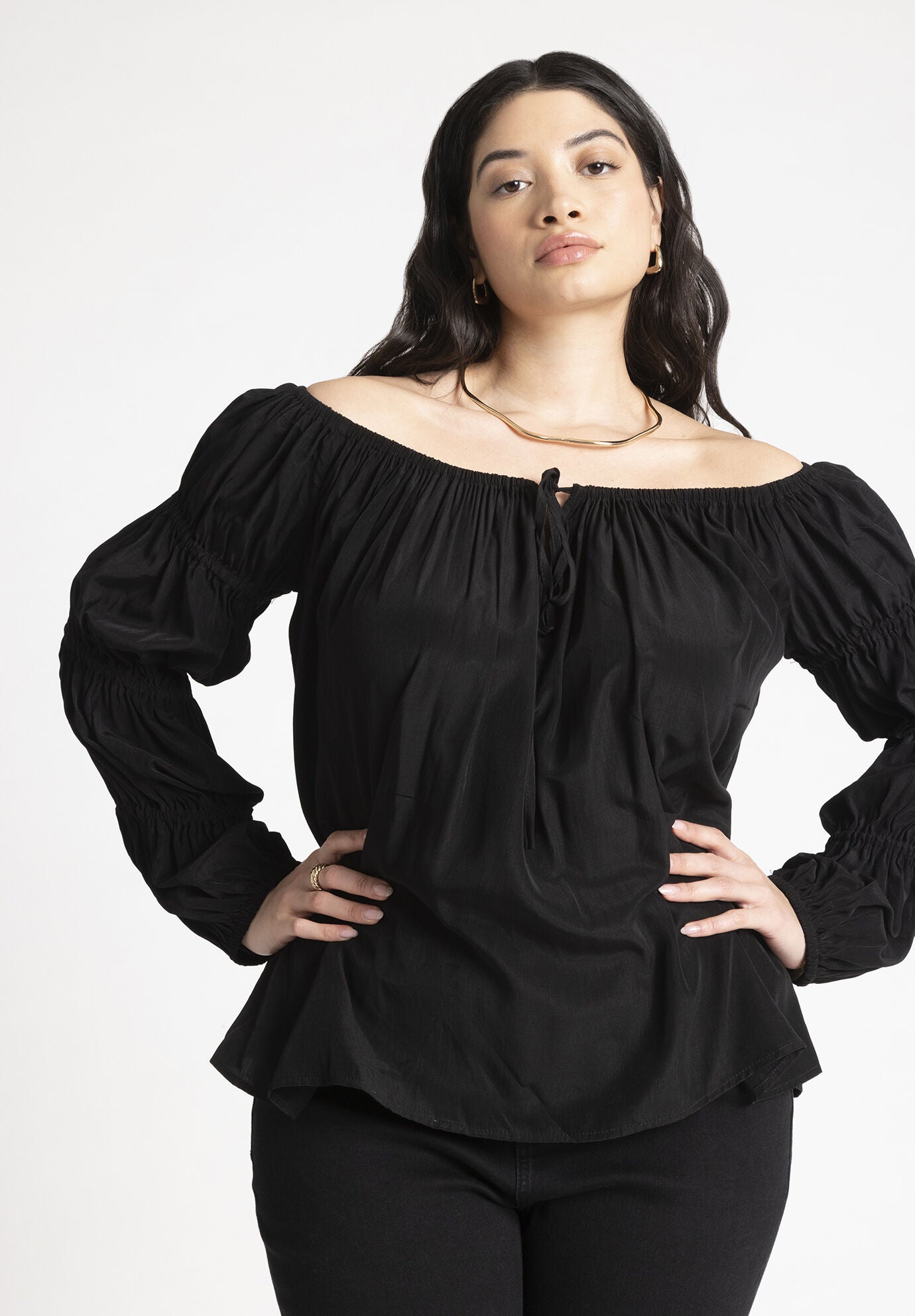 Off-The-Shoulder Blouse with Puff Sleeves, Black | Eloquii