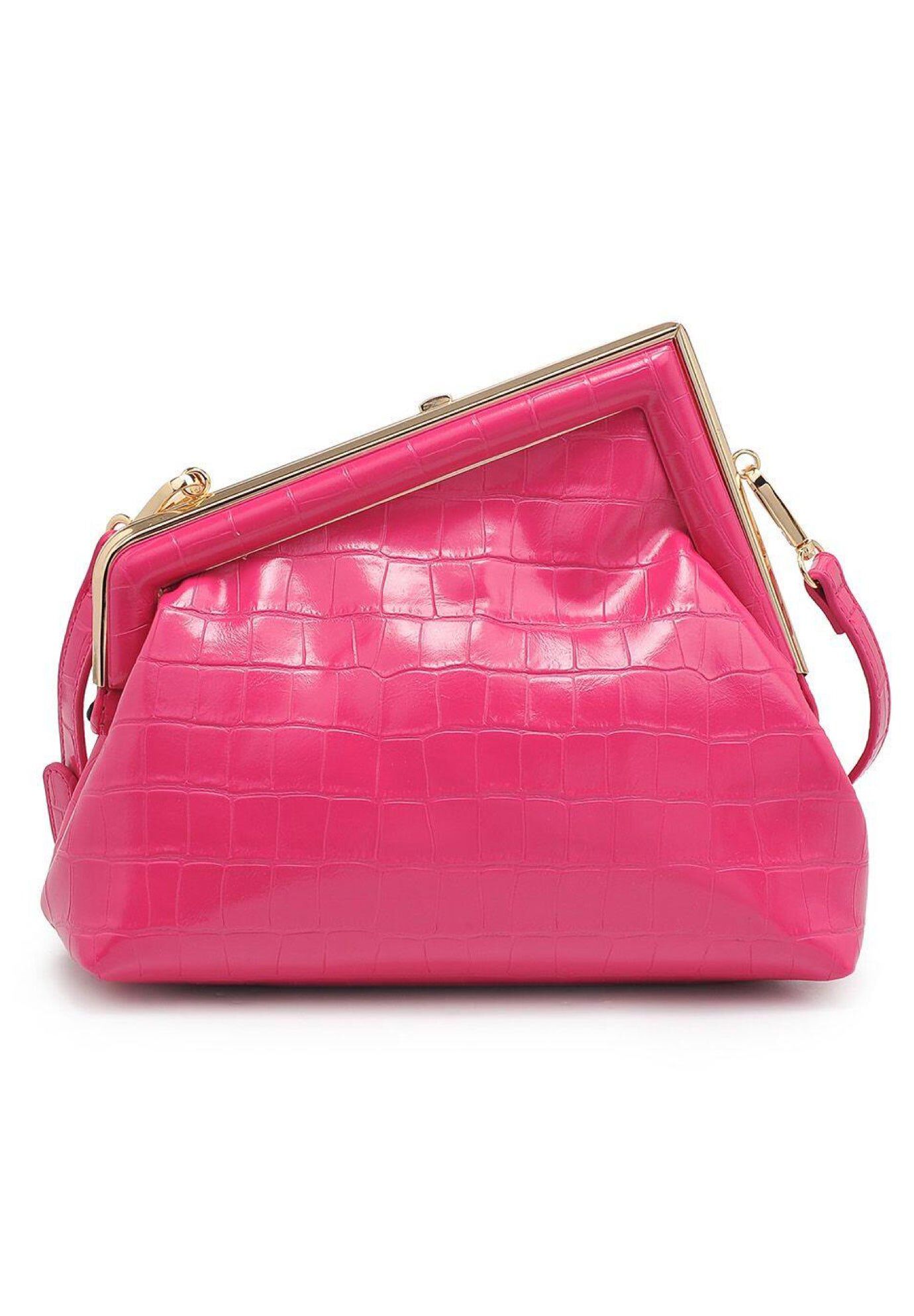 Asymmetrical Detail Clutch - Extended Length, HOT PINK CROCODILE, hi-res image number 0
