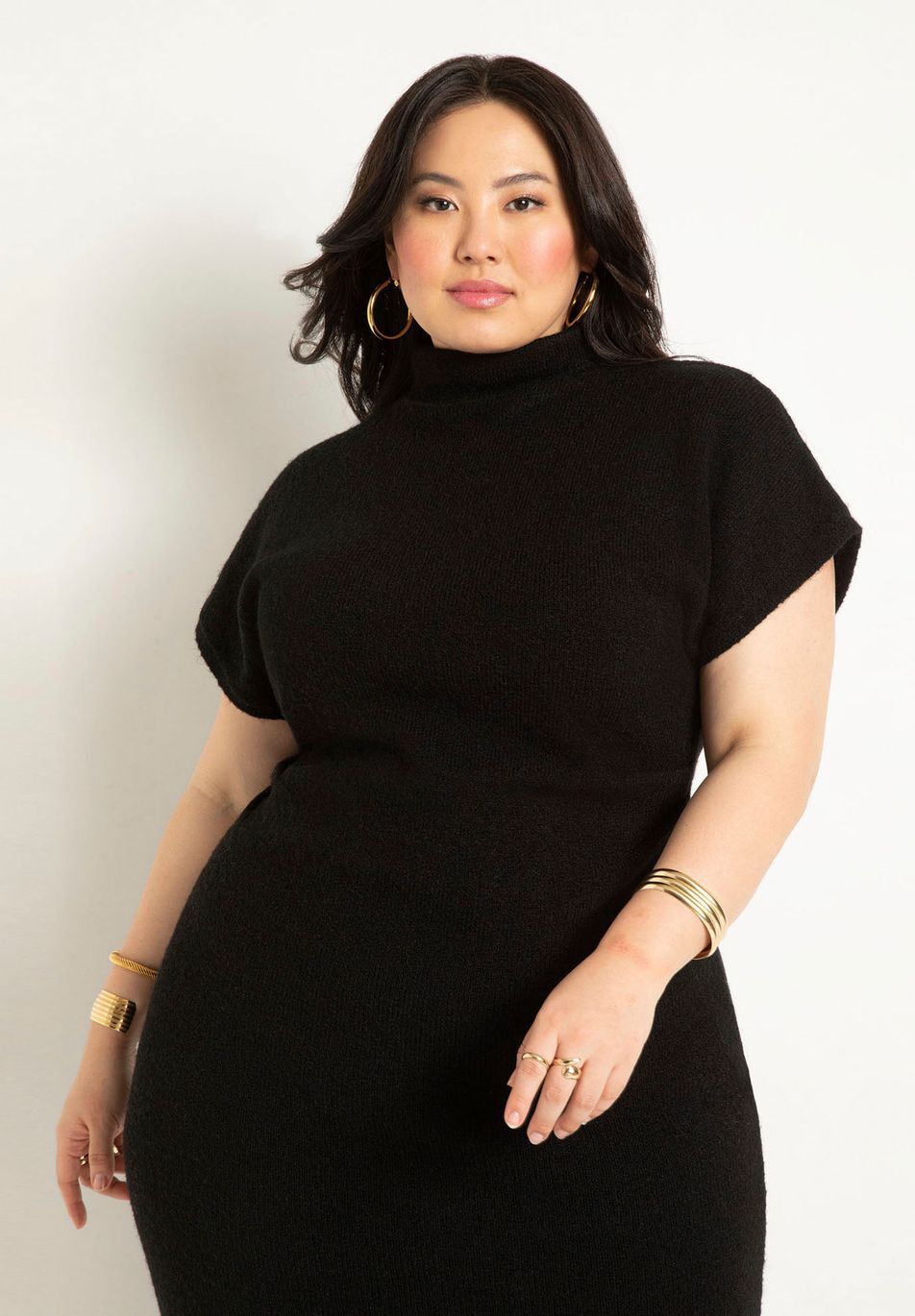 Stretch Knit Short Sleeve Sweater Dress Black Onyx Eloquii