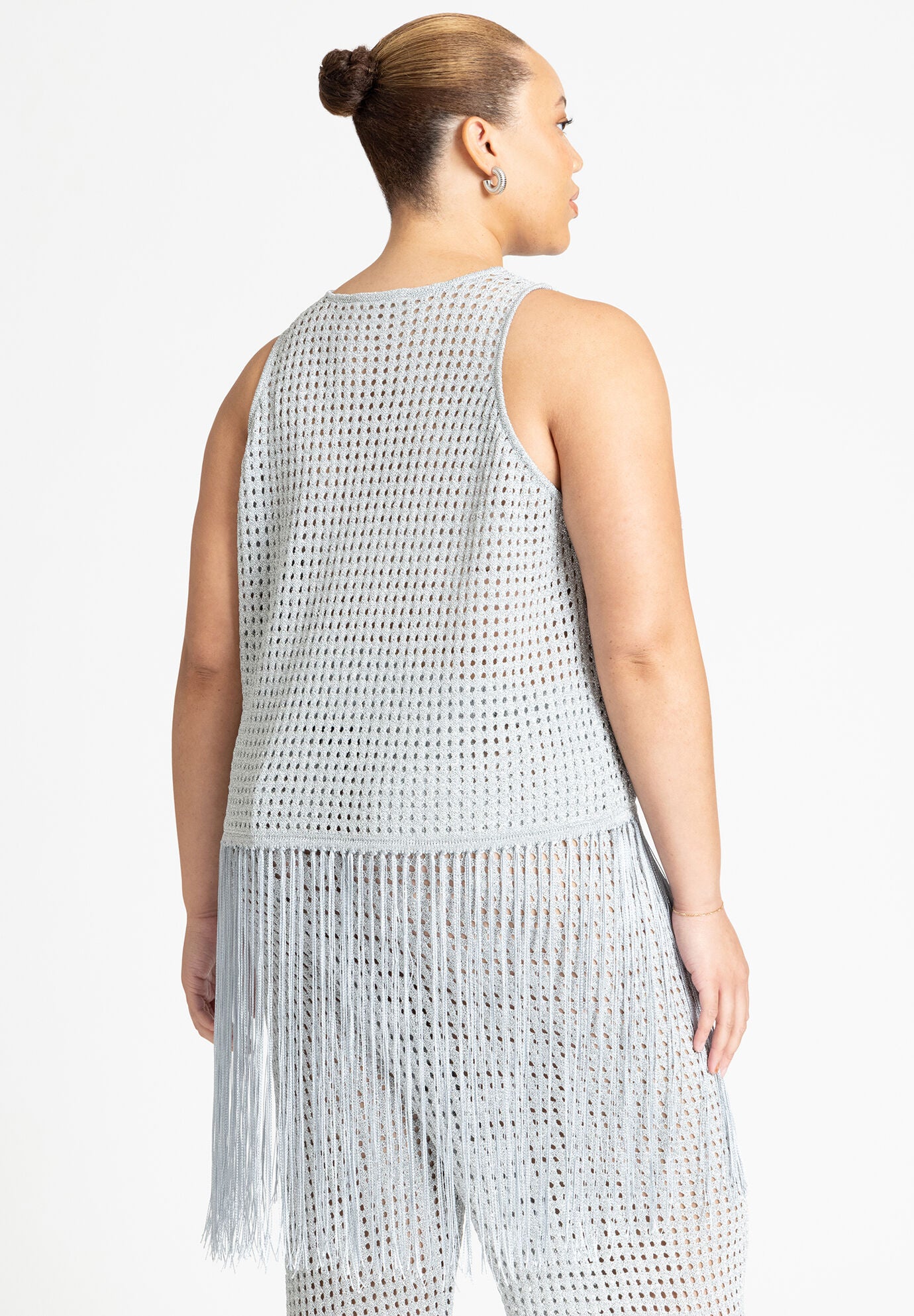 Crochet Cropped Bustier Tank Top with Fringe - Black / S/M