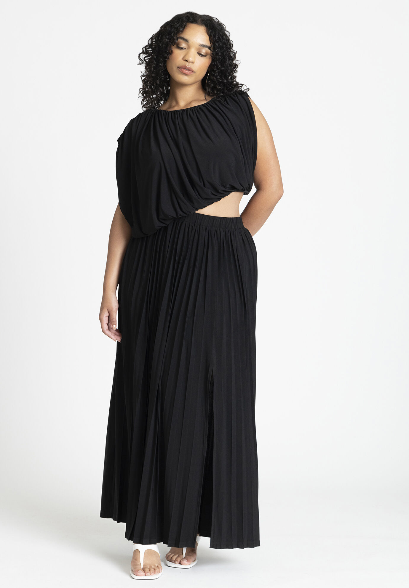 Plus Size Shirred Cutout Asymmetric Pleated Draped Fitted Crew Neck Dolman Sleeves Tank Maxi Dress