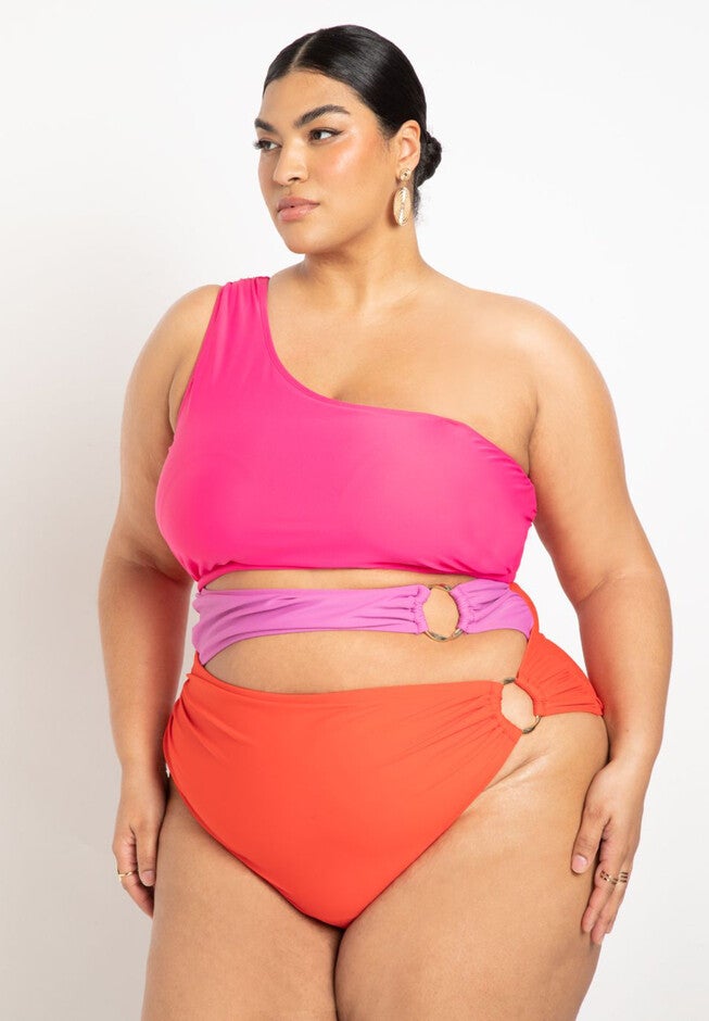 Gabi Fresh Swim x ELOQUII One Shoulder Swimsuit with Ring Detail, , on-hover image number null