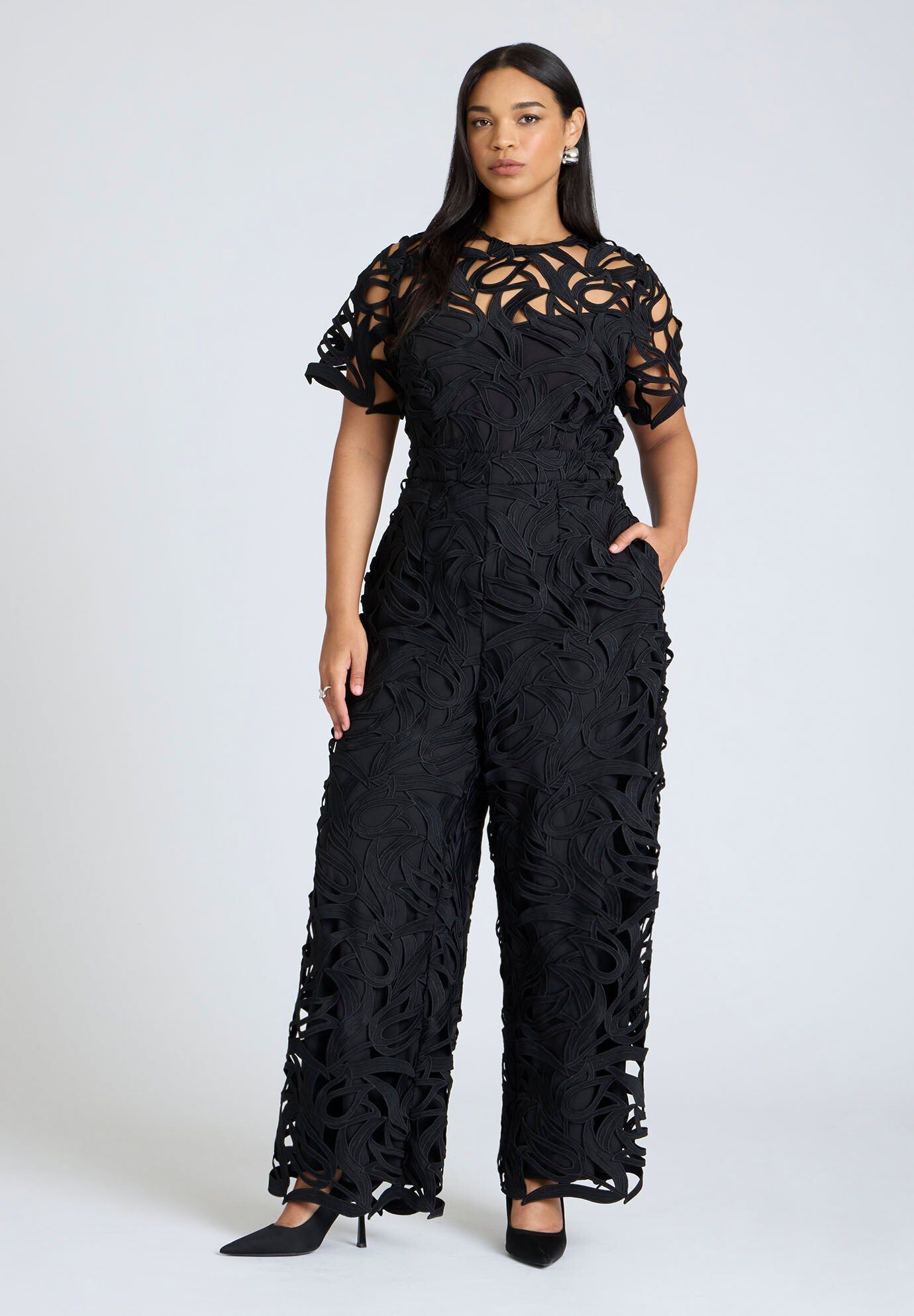 Bridal Lace Jumpsuit with Scallop Hem, Black Onyx ELOQUII