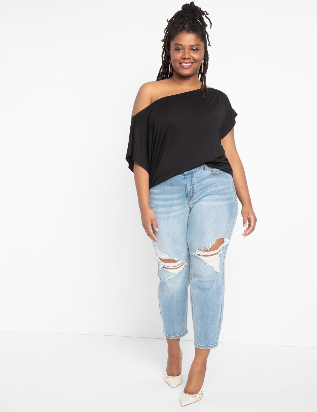Black one off online the shoulder top