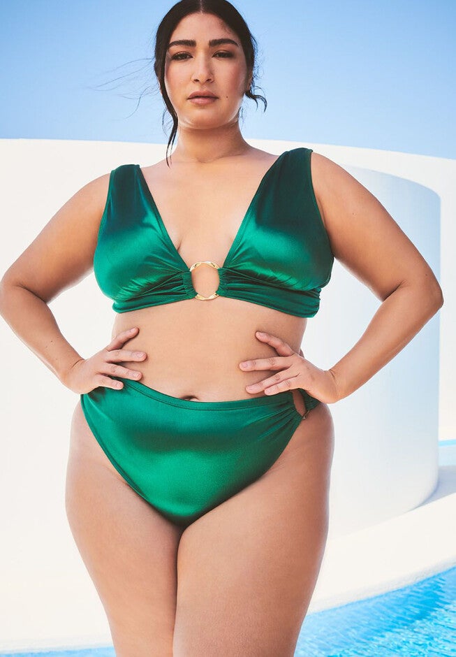 Gabi Fresh Swim x ELOQUII High Waisted Bikini Bottom with Ring Detail, RAINFOREST GREEN, hi-res image number null