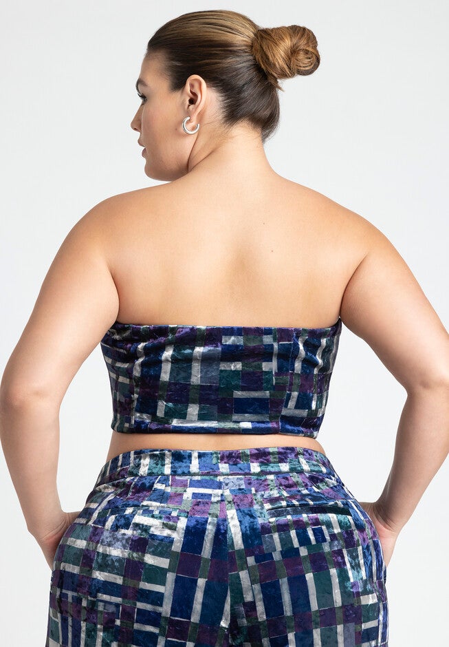 Printed Velvet Strapless Top, , on-hover image number null